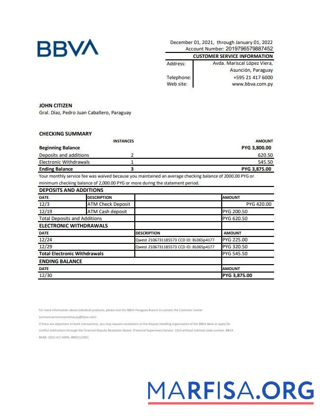 Downloadable Paraguay BBVA bank statement excel template